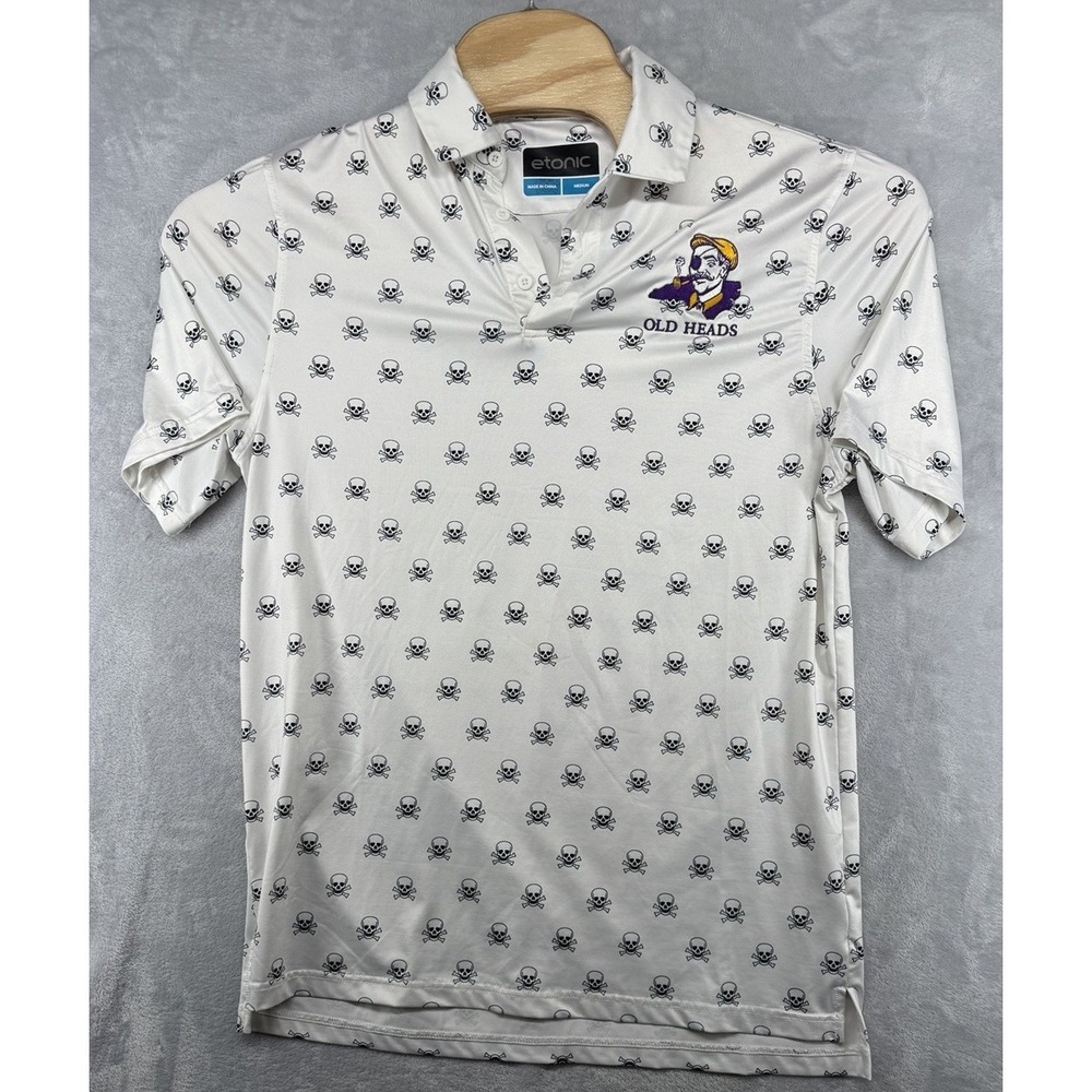 Etonic Golf Polo Shirt Skull AOP‎ Old Heads Embroidered White Men's Size M